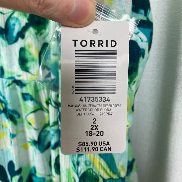 Torrid Green Watercolor Floral Gauze Halter Tiered Maxi Dress Sz.2 NWT - Picture 9 of 16